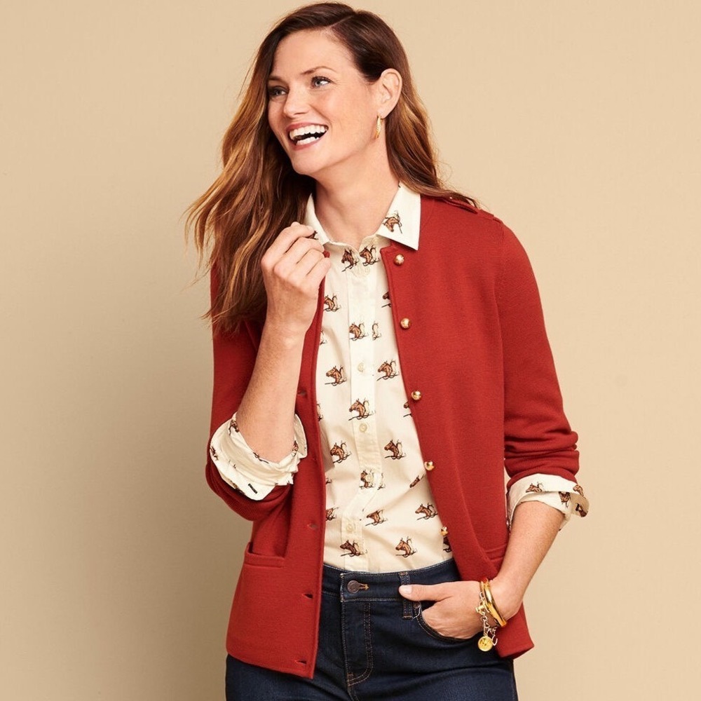 Talbots Merino Wool Blend Military Sweater Jacket Terracotta Size S Old Money